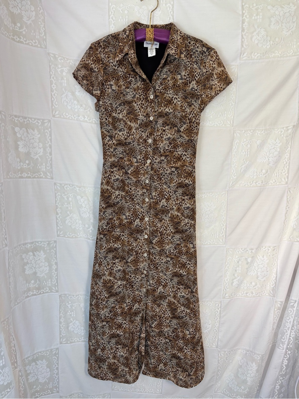 VTG 90s Leopard Paisley Print Button Up Short Sleeve‎ Maxi Shirt Dress Size M-L